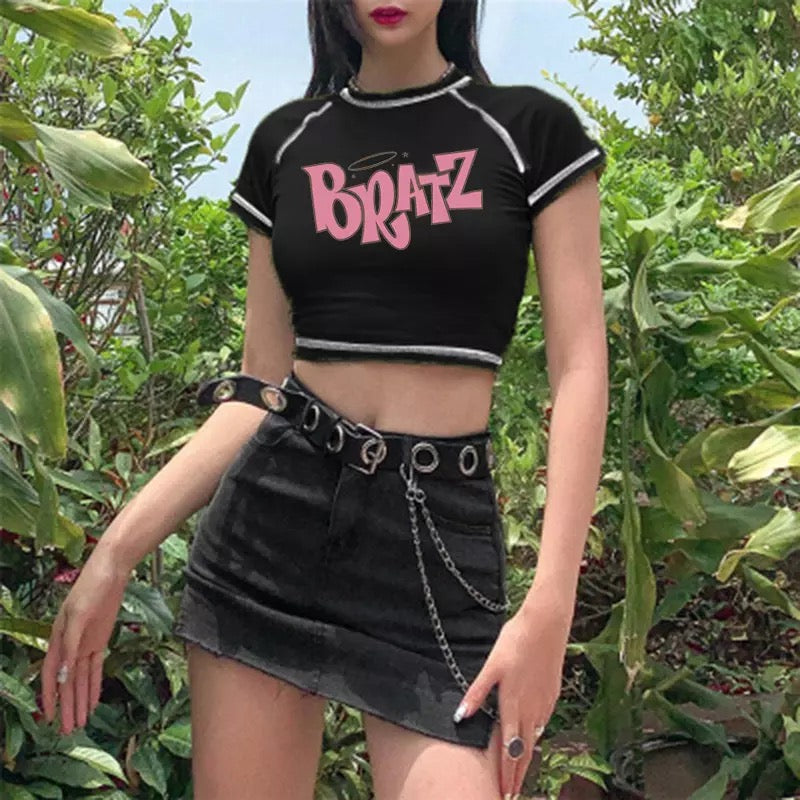 Cute Black Bratz Cartoon Vintage Sexy Crop Top Short Sleeve Shirt Tee T-shirt Summer Casual E-Girl Kawaii Korean Japanese Harajuku Streetwear
