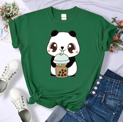 Cute Panda Bear Boba Bubble Milk Tea Graphic Cartoon Print Loose Short Sleeve T-shirt Aesthetic Casual Summer E-Girl Kawaii Korean Japanese Harajuku