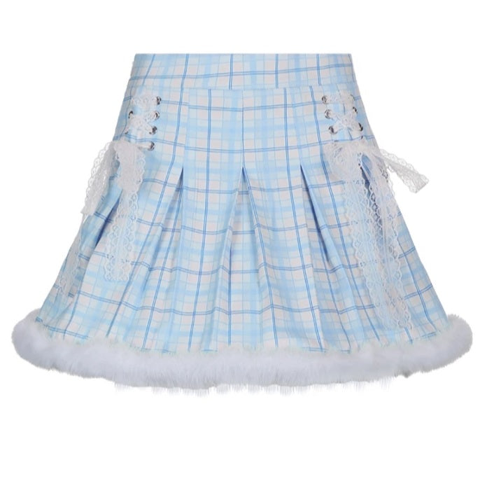 Cute Pink Plaid Feather Lace Up Pleated High Waist A-line Mini Skirt Summer Aesthetic Casual E-Girl Kawaii Korean Japanese Harajuku