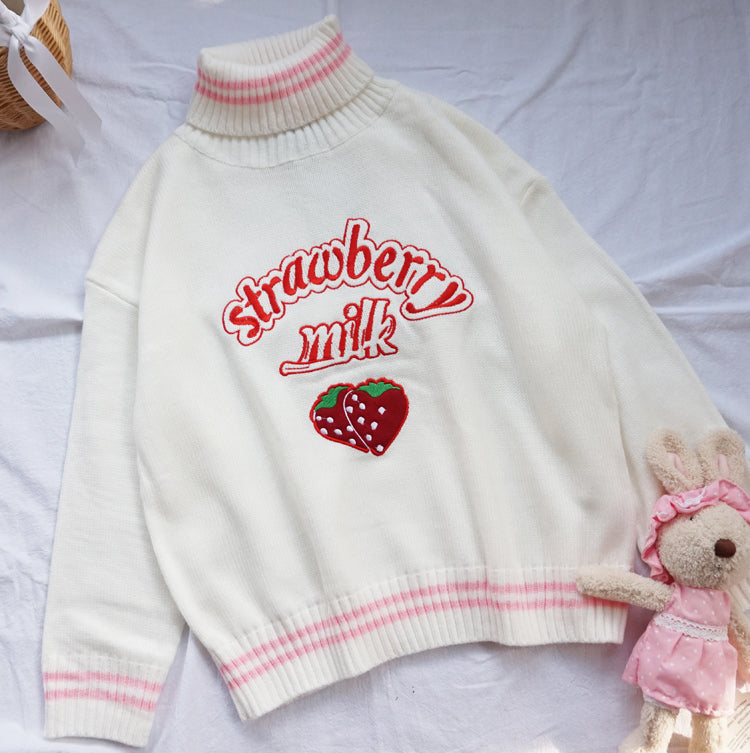 Cute Pastel Pink Strawberry Milk Turtleneck Knit Sweater Sweatshirt Jumper Long Sleeve Pullover E-Girl Kawaii Korean Japanese Harajuku Streetwear