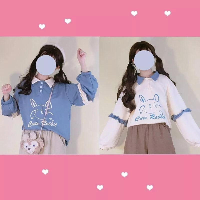 Cute Bunny Rabbit Graphic Vintage Collar Long Sleeve T- Shirt Sweatshirt Aesthetic Casual E-Girl Kawaii Korean Japanese Harajuku