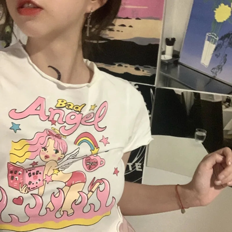Angel Print Ruffle Short Sleeve T-shirt