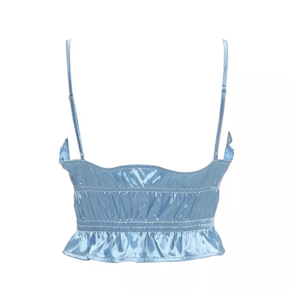 Blue Silk Satin Ruched Ruffle Frilly Tank Top Backless Crop Top Sleeveless Shirt Summer Aesthetic Casual E-Girl Kawaii Korean Japanese Harajuku
