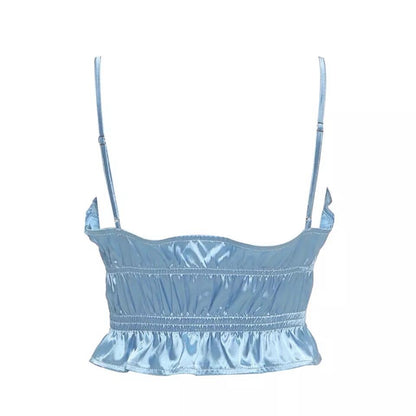 Blue Silk Satin Ruched Ruffle Frilly Tank Top Backless Crop Top Sleeveless Shirt Summer Aesthetic Casual E-Girl Kawaii Korean Japanese Harajuku