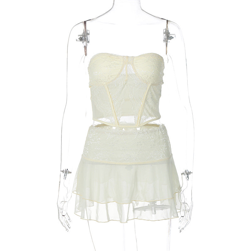 2PCS Cream Lace Corset Top + Mini Skirt
