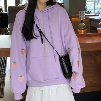 Cute Pastel Purple Strawberry Embroidery Patch Oversized Hoodie Sweater Sweatshirt Pullover Winter E-Girl Kawaii Korean Japanese Harajuku Streetwear