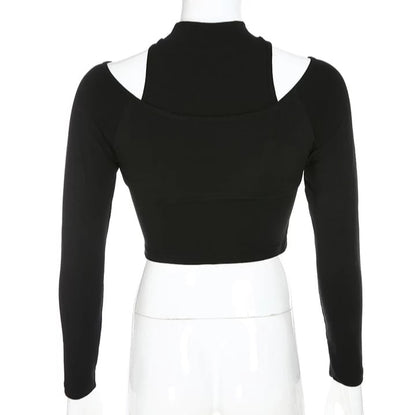 Cute Black Buckle Hollow Out Turtleneck Crop Top Long Sleeve Shirt Punk Goth Summer Aesthetic Casual E-Girl Kawaii Korean Japanese Harajuku