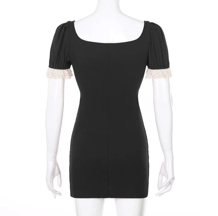 Cute Summer Square Neck Lace Patchwork Elegant Bodycon Short Sleeve Mini Dress Aesthetic Casual E-Girl Kawaii Korean Japanese Harajuku