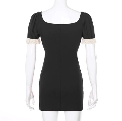 Cute Summer Square Neck Lace Patchwork Elegant Bodycon Short Sleeve Mini Dress Aesthetic Casual E-Girl Kawaii Korean Japanese Harajuku