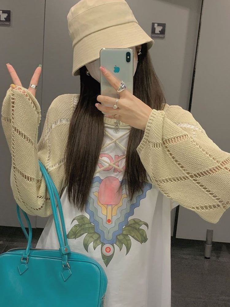 Blue Hollow Out Cropped Cardigan