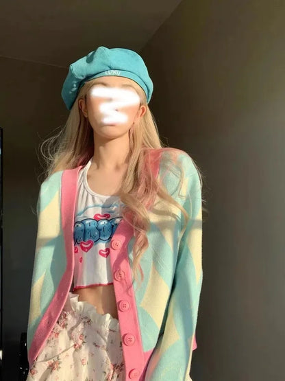 Pastel Argyle V Neck Cardigan Sweater