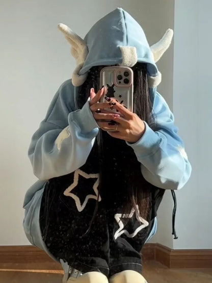 Blue Fairy Wing Horns Zipper Hoodie