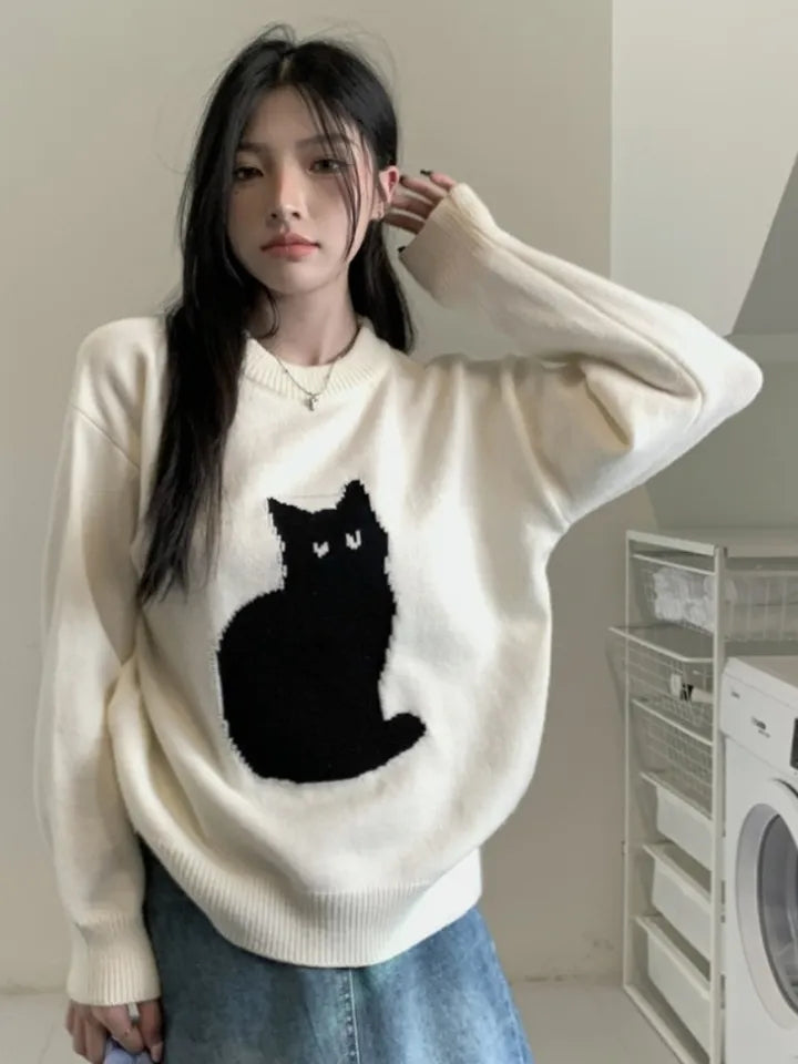 Black Cat Print Long Sleeve Sweater