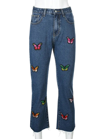 Butterfly Embroidery High Waist Denim Jeans