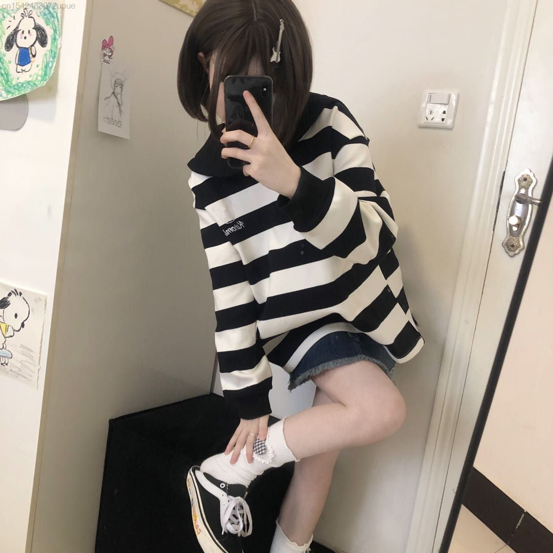 Japanese Anime Collar Stripe Long Sleeve Shirt