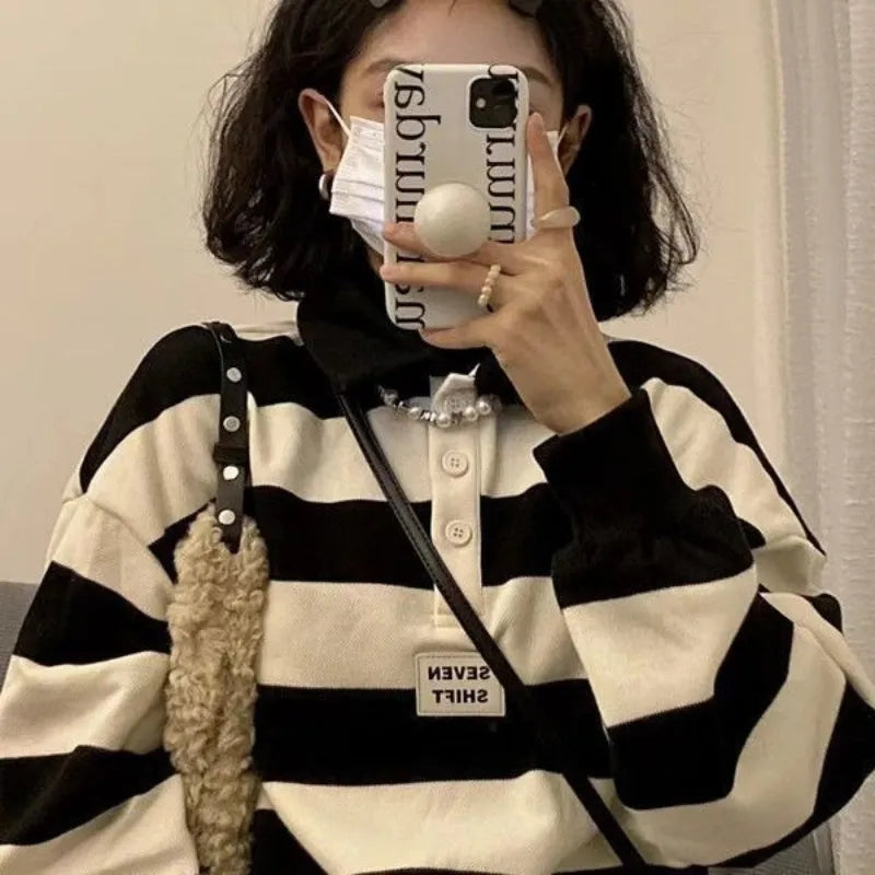 Black & White Stripe Polo Collar Sweatshirt