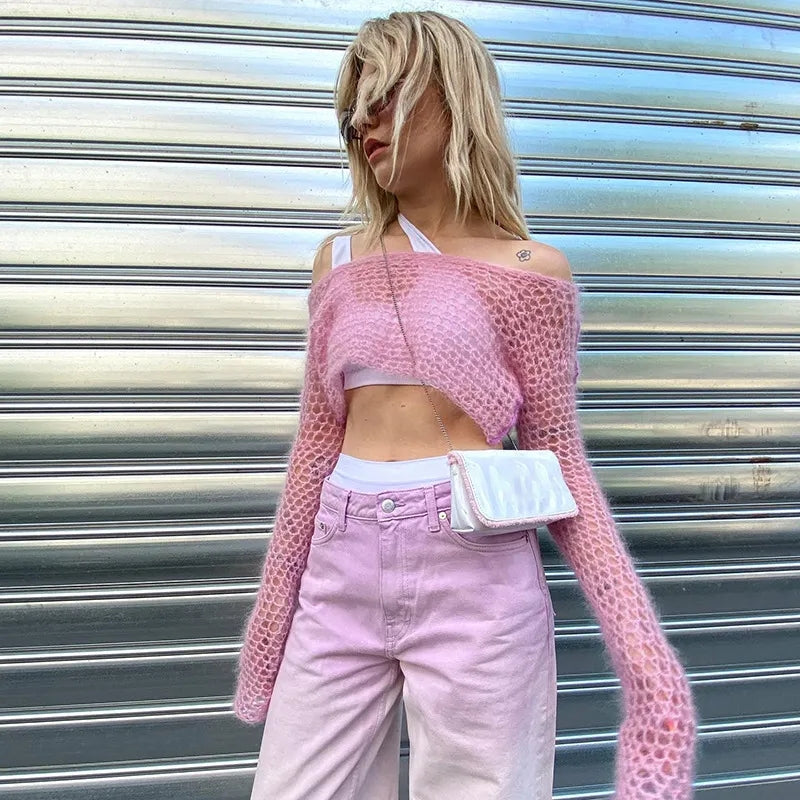 Pink Hollow Out Fishnet Long Sleeve Shirt