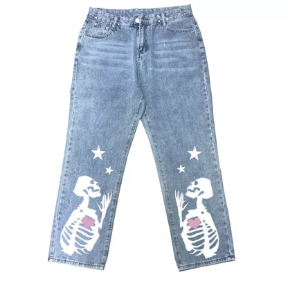 Blue Skull Print Denim Straight Leg Jeans