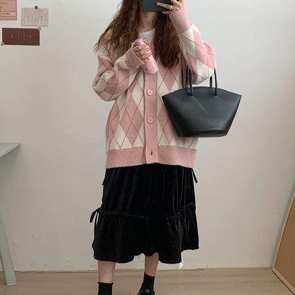Pink Argyle V Neck Sweater