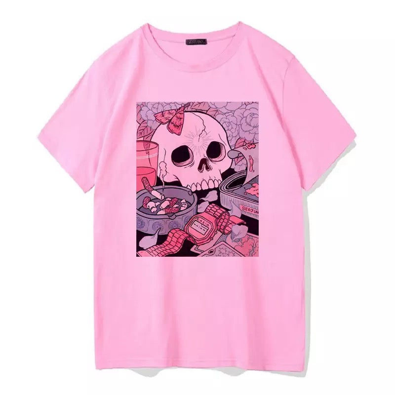 Cute Black Skull Goth Punk Print Cartoon Loose Short Sleeve Short T-shirt Tee Top Summer Casual E-Girl Kawaii Korean Japanese Harajuku Streetwear