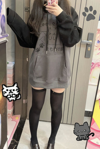 Cat Print Patchwork Hoodie