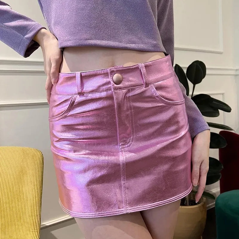 Pink Metalic Pocket Mini Skirt