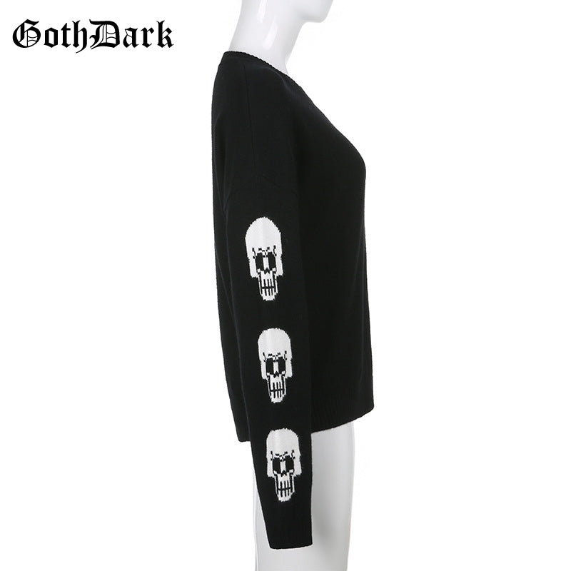 Black Skull Knit Sweater Sweatshirt Crewneck Long Sleeve Pullover Goth Punk Autumn Fall E-Girl Kawaii Korean Japanese Harajuku Streetwear