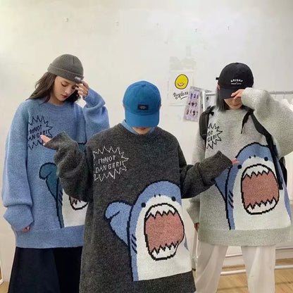 Cute Funny Shark Cartoon Knit Turtleneck Oversized Sweater Pullover Winter Aesthetic Casual Kawaii Korean Japanese Harajuku