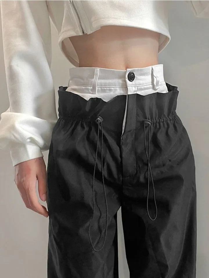 Patchwork High Waist Wide Leg Cargo Pants