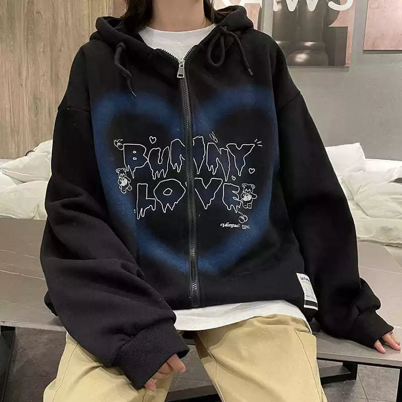 Bunny Love Heart Print Long Sleeve Hoodie