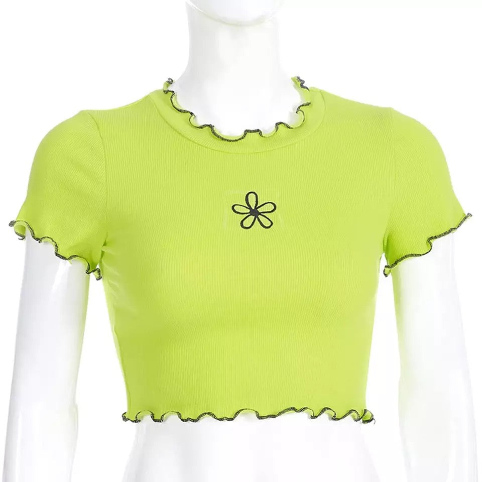 Cute Neon Green Flower Embroidery Casual Summer Crop Top Short Sleeve Tee Shirt T-Shirt E-Girl Kawaii Korean Japanese Harajuku Streetwear