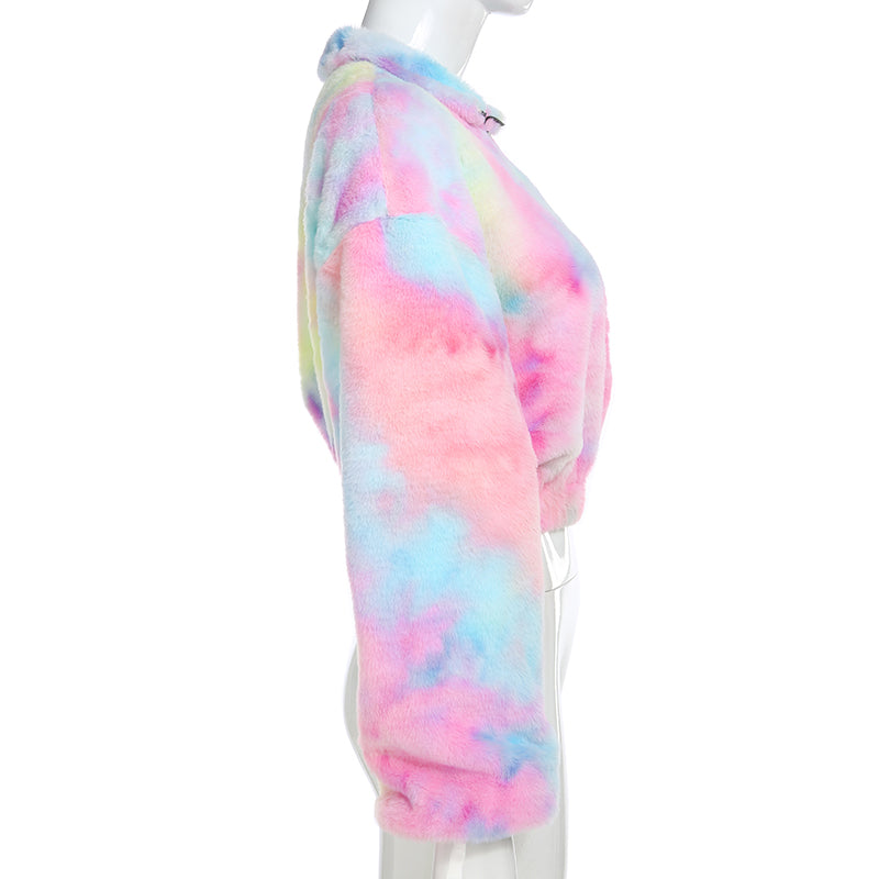Cute Casual Rainbow Furry Tie Dye Plush Crop Long Sleeve Loose Sweatshirt Pullover E-Girl Kawaii Korean Japanese Harajuku Retro Streetwear Aesthetic