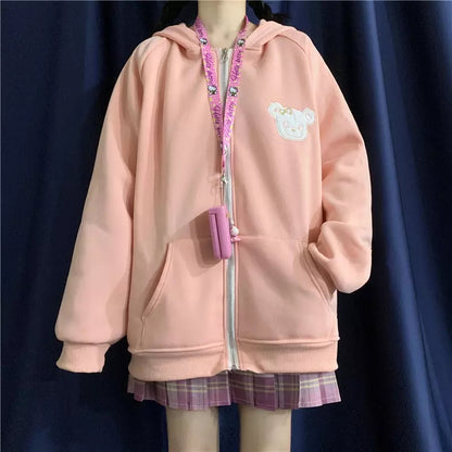Cute Rabbit Ears Embroidery Loose Long Sleeve Sweatshirt Zip Up Hoodie Aesthetic Casual E-Girl Kawaii Korean Japanese Harajuku