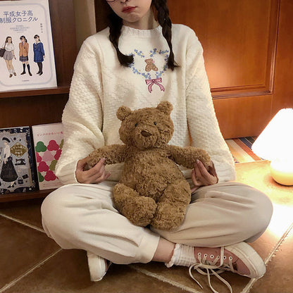 Heart Bear Flower Bow Embroidery Knit Sweater