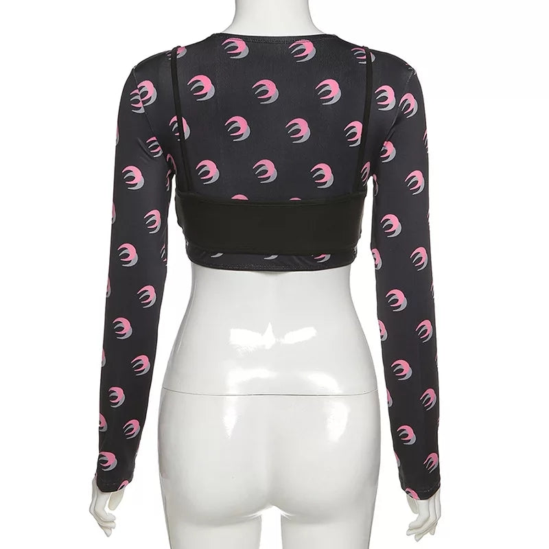 Cute Sexy 2pcs Moon Print Long Sleeve T-shirt Crop Top With Bra Camisole Summer Aesthetic Casual E-Girl Kawaii Korean Japanese Harajuku