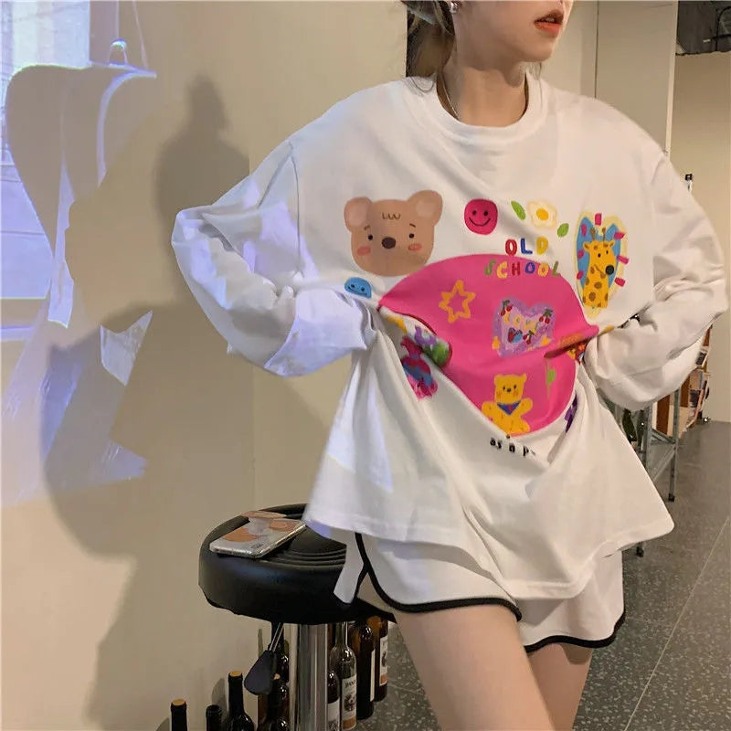 White Retro Cartoon Print Sweater