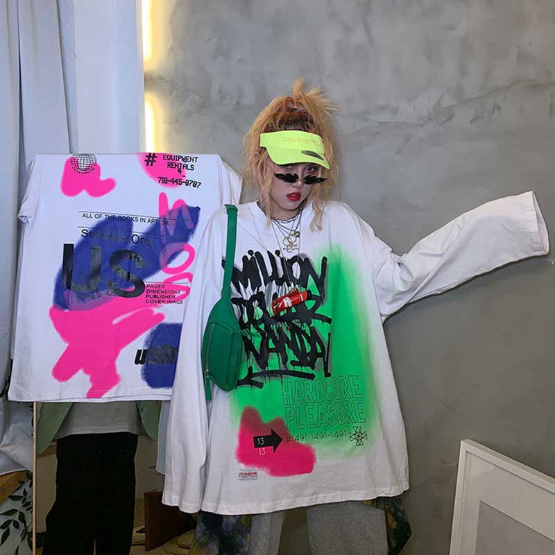 Cute Graffiti Art Graphic Print Punk Baggy Hip Hop Oversized Long Sleeve Tee Shirt T-shirt Top E-Girl Kawaii Korean Japanese Harajuku Streetwear