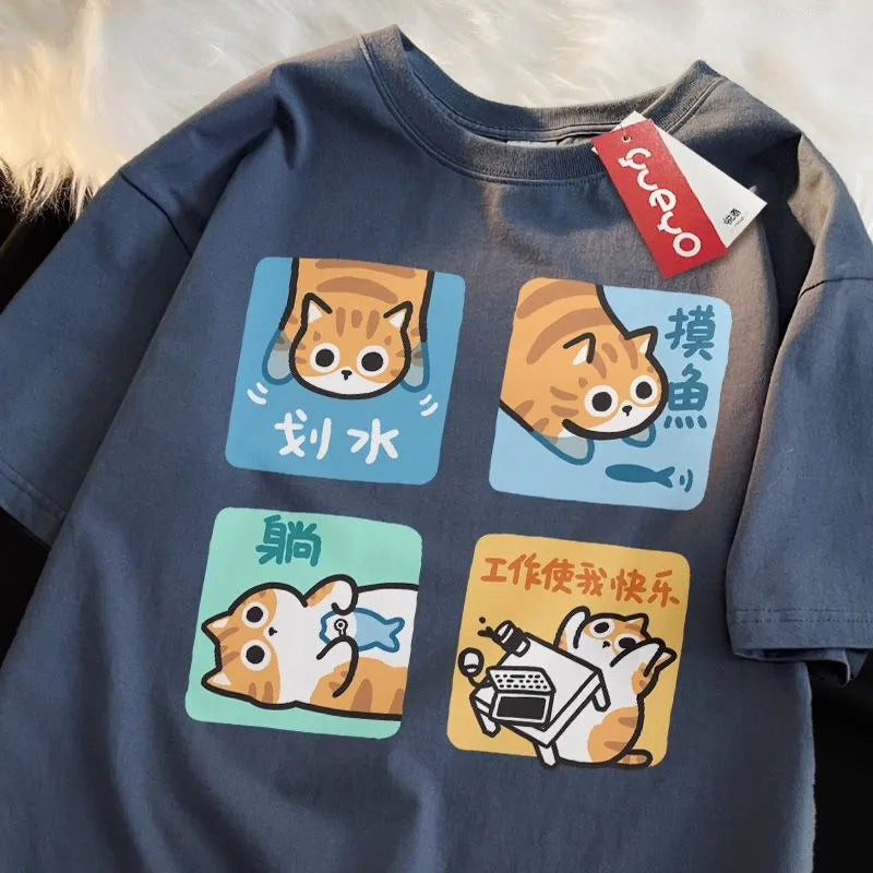 Orange Cat Print Short Sleeve T-shirt