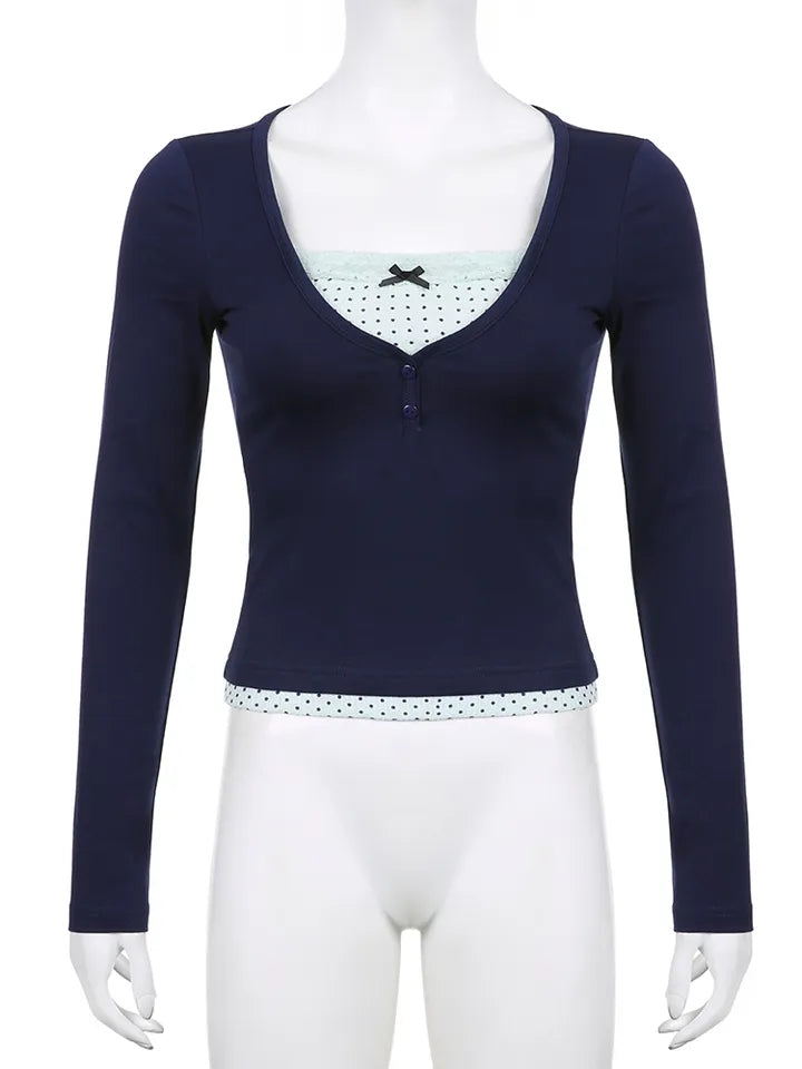 2PCS Polka Dot Lace Patchwork Long Sleeve Shirt