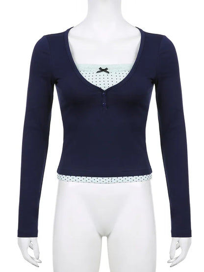 2PCS Polka Dot Lace Patchwork Long Sleeve Shirt