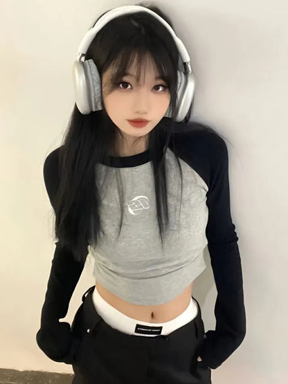 Black & Grey Patchwork Long Sleeve Crop Top