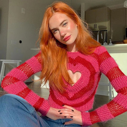 Cute Pink Heart Shape Hollow Out Long Sleeve O-neck Sweater Knit Pullover Aesthetic Casual E-Girl Kawaii Korean Japanese Harajuku