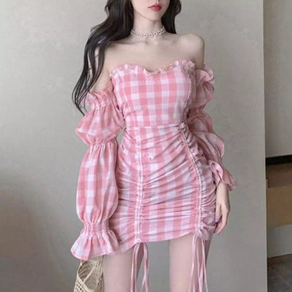 Cute Pink Gingham Plaid Off Shoulder Long Sleeve Drawstring Bodycon Dress Aesthetic Casual Summer E-Girl Kawaii Korean Japanese Harajuku