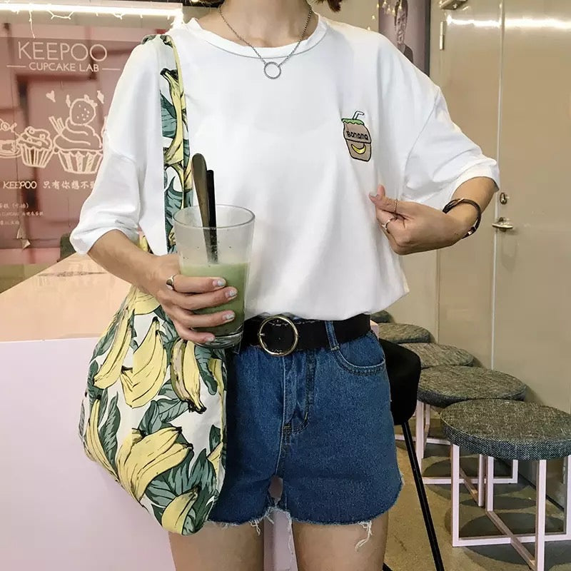 Cute Summer Banana Milk Drink Embroidery Yellow White Casual Short Sleeve Tee Shirt T-shirt Top E-Girl Kawaii Korean Japanese Harajuku Streetwear
