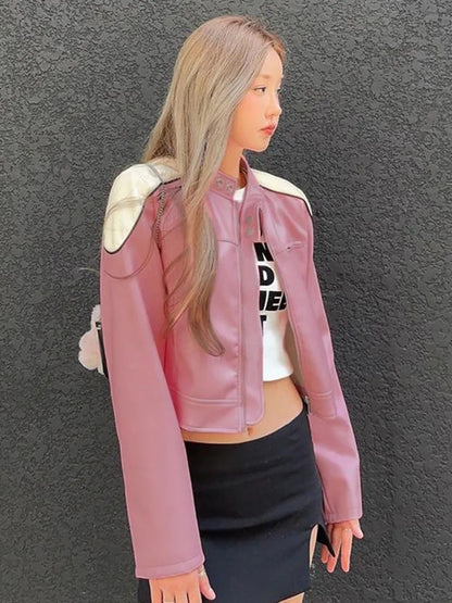 Pink PU Leather Retro Motorbike Jacket