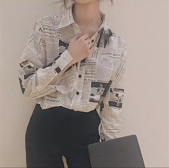 Cute Vintage Newspaper Letter Print Button Up Long Sleeve Shirt Blouse Top Aesthetic Casual E-Girl Kawaii Korean Japanese Harajuku