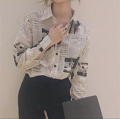 Cute Vintage Newspaper Letter Print Button Up Long Sleeve Shirt Blouse Top Aesthetic Casual E-Girl Kawaii Korean Japanese Harajuku