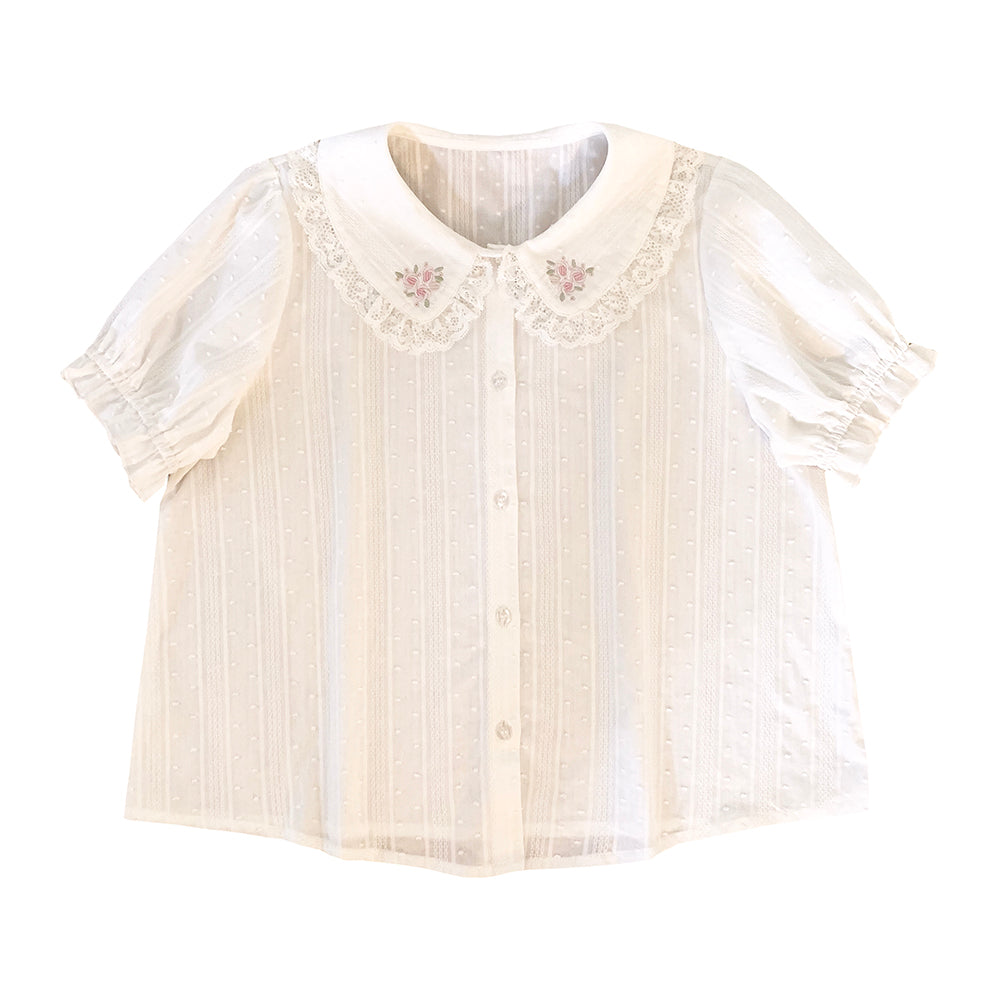 White Floral Embroidery Peterpan Collar Blouse