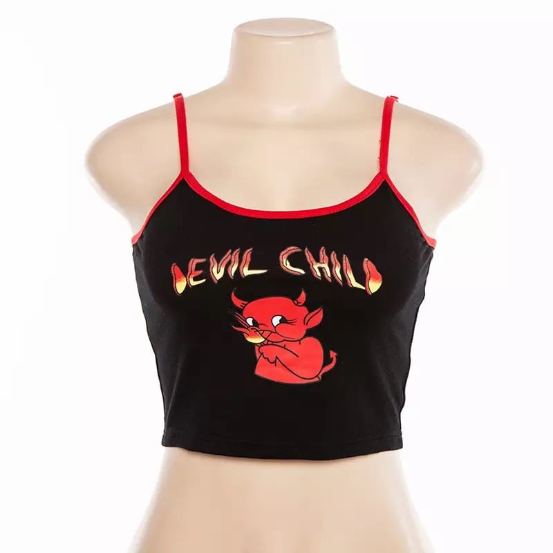 Sexy Devil Cartoon Print Graphic Summer Tank Camisole Spaghetti Strap Patchwork Crop Top E-Girl Kawaii Korean Japanese Harajuku Retro Streetwear
