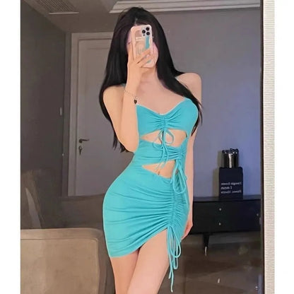 Blue Drawstring Bandage Cut Out Bodycon Dress